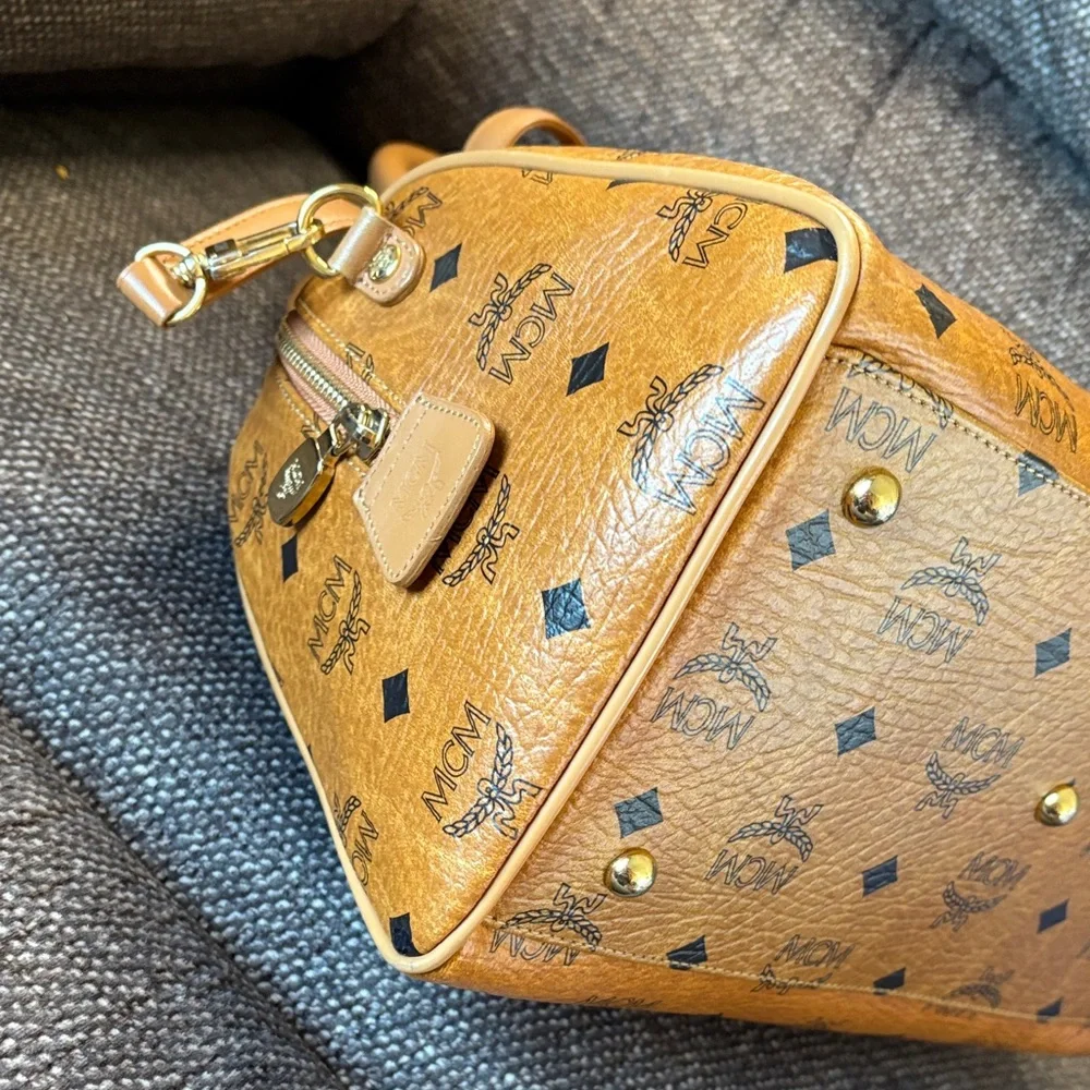 MCM Cognac Visetos Boston Bag with Strap
